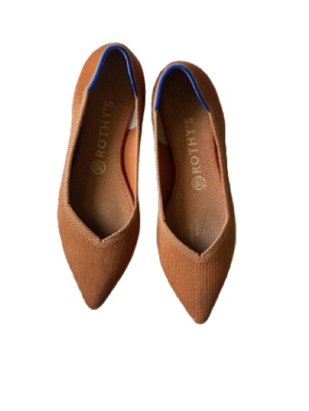 Rothy's Pointed Knit Flats in Tan with Blue Trim